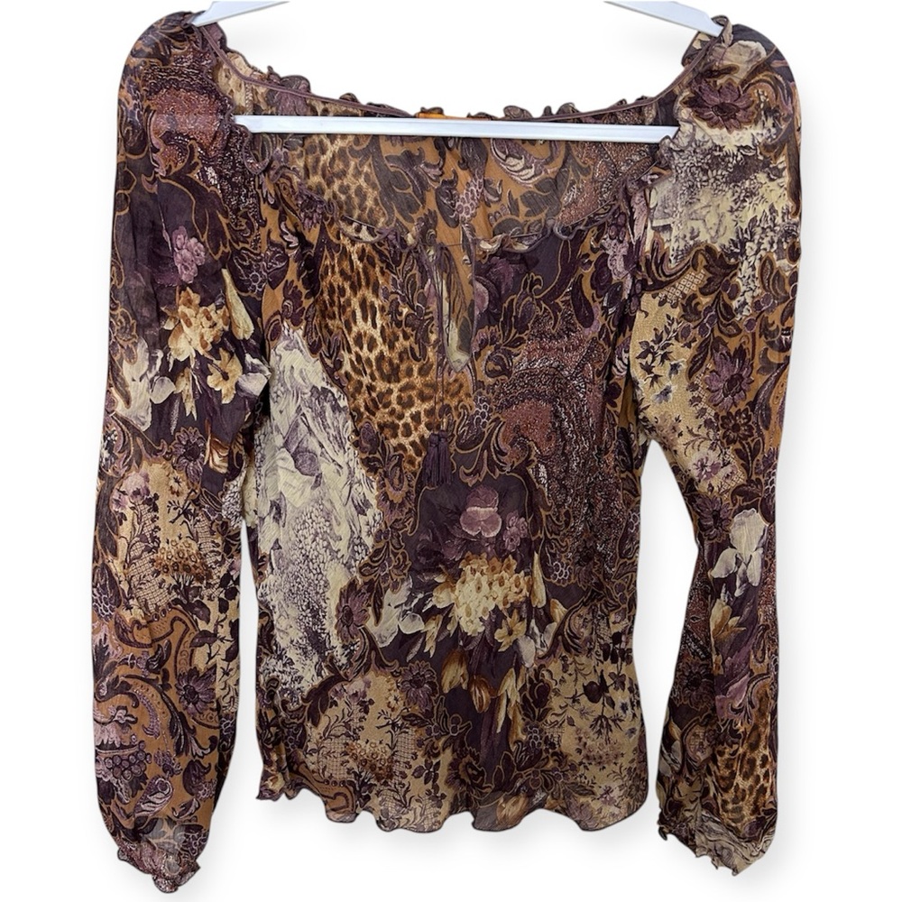 Forever 21 Vintage Y2K Leopard Multicolor Floral Flowy Long Sleeve Blouse Top